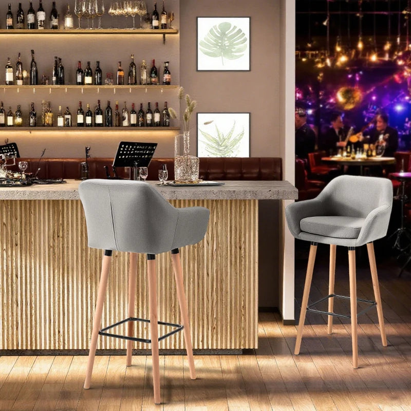 Set of 2 Modern Upholstered Bar Stools with Metal Frame & Solid Wood Legs - Grey Fabric Dining Chairs