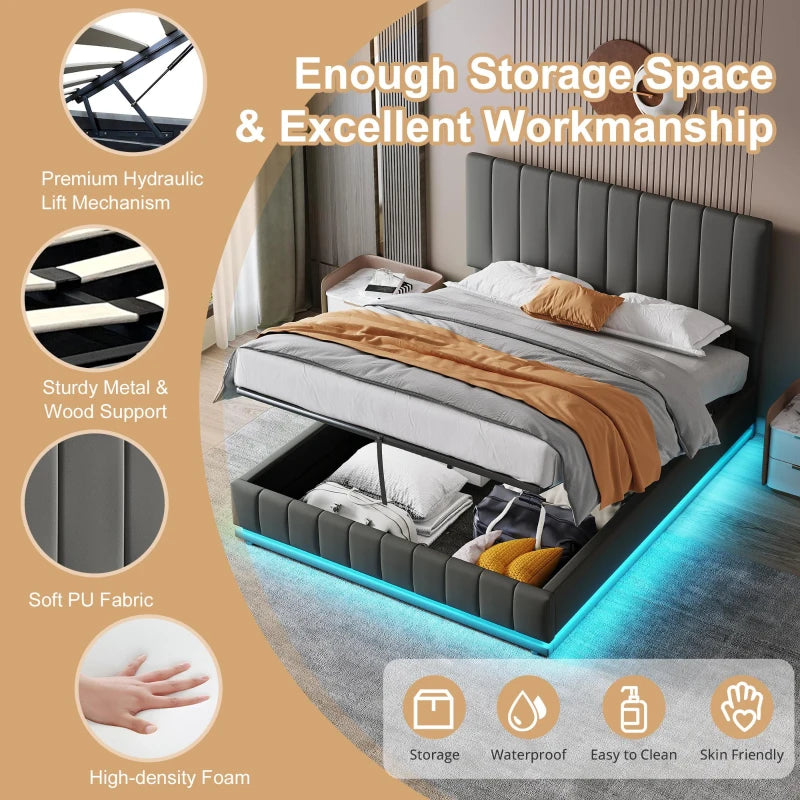 Ottoman Double Bed with Hydraulic Storage & LED Lighting - PU Leather Frame, Adjustable Headboard, Grey, 193x142x101-111 cm