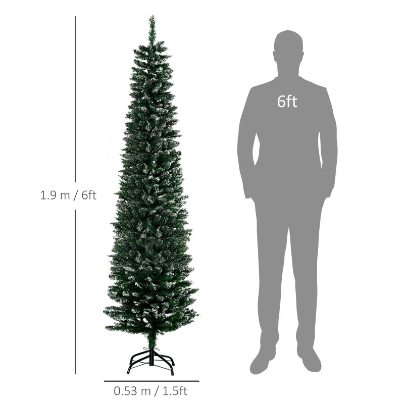 6FT Snow Dipped Christmas Pencil Tree - Foldable Black Stand, Green Holiday Indoor Decoration for Festive Home Decor
