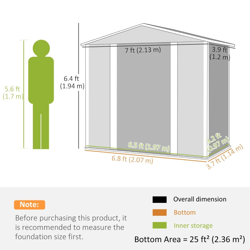 7x4ft Metal Garden Shed - Easy Assembly, Galvanised Steel, Double Doors, Vents, Light Grey