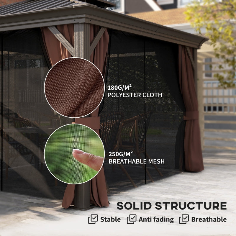 3m x 3.7m Dark Brown Outdoor Hardtop Gazebo Canopy with Aluminium Frame, 2-Tier Roof & Mesh Netting Sidewalls for Patio