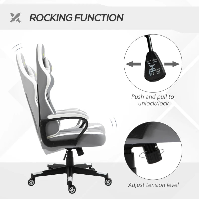 Vinsetto Gaming Chair - Ergonomic Computer Desk Chair with Lumbar Support, Faux Leather, Headrest & Swivel Wheels - Grey White