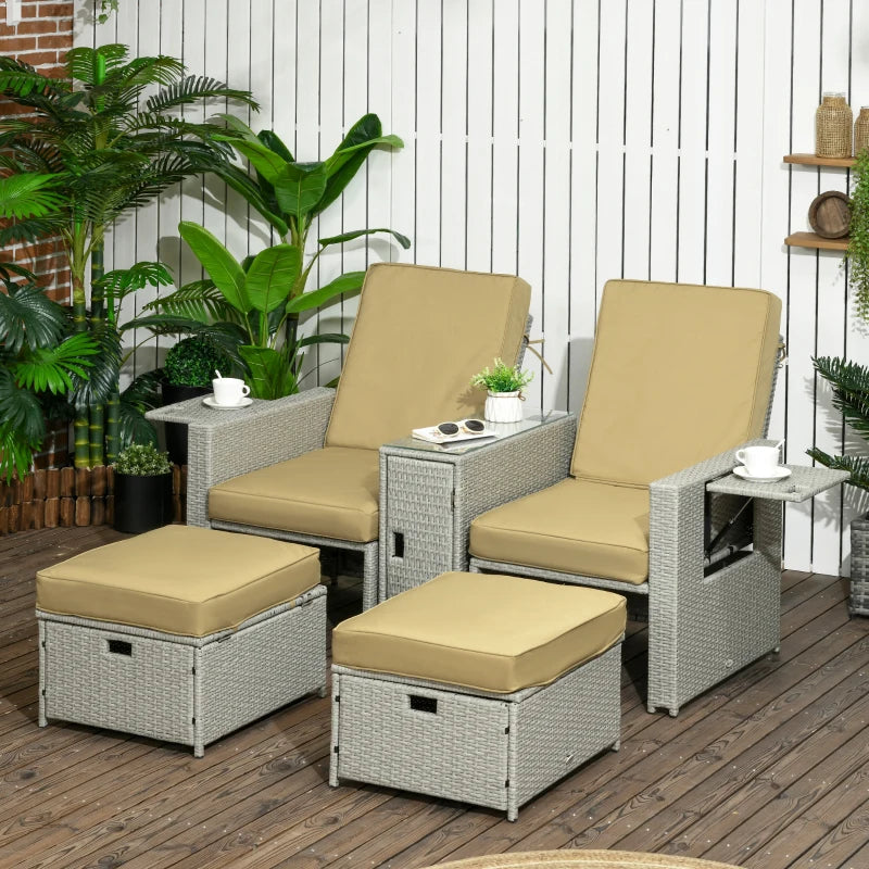 Beige 5PC Rattan Outdoor Sun Lounger Set with Storage Table