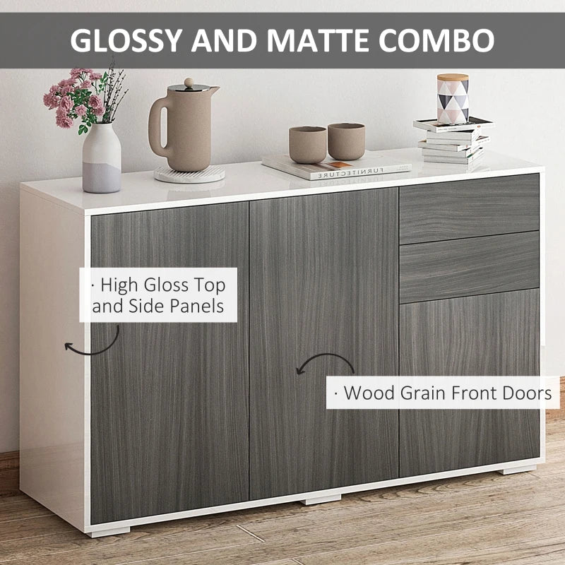 High Gloss Sideboard with 2 Drawers - Modern Push-Open Design Side Cabinet for Living Room & Bedroom in Light Grey & White