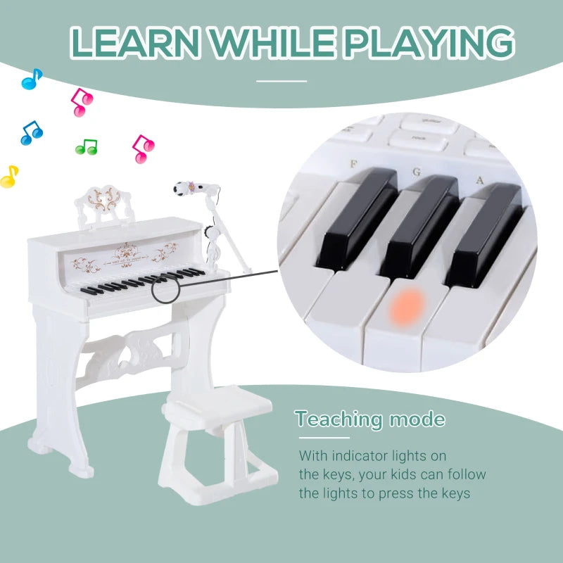 Kids Mini Piano Keyboard Set - Light-Up Electronic Grand Piano Toy with Stool, Microphone & Music Stand - Educational Musical Instrument (White)