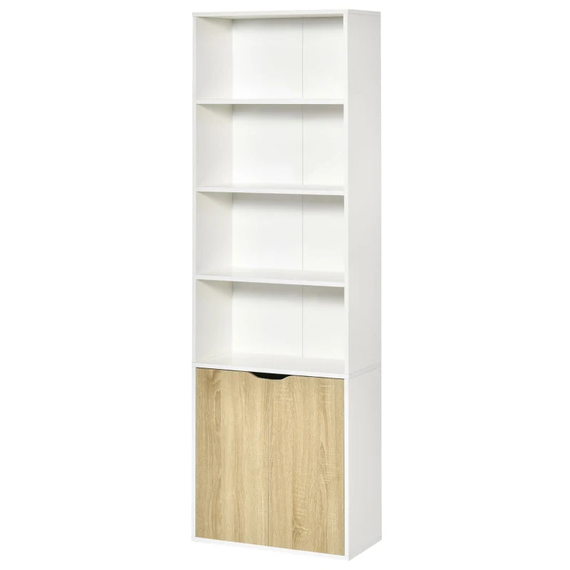 6-Tier Tall Bookcase with 4 Open Shelves & Double Door Storage Cabinet - Freestanding Display Rack for Living Room, Bedroom, Home Office - White & Oak