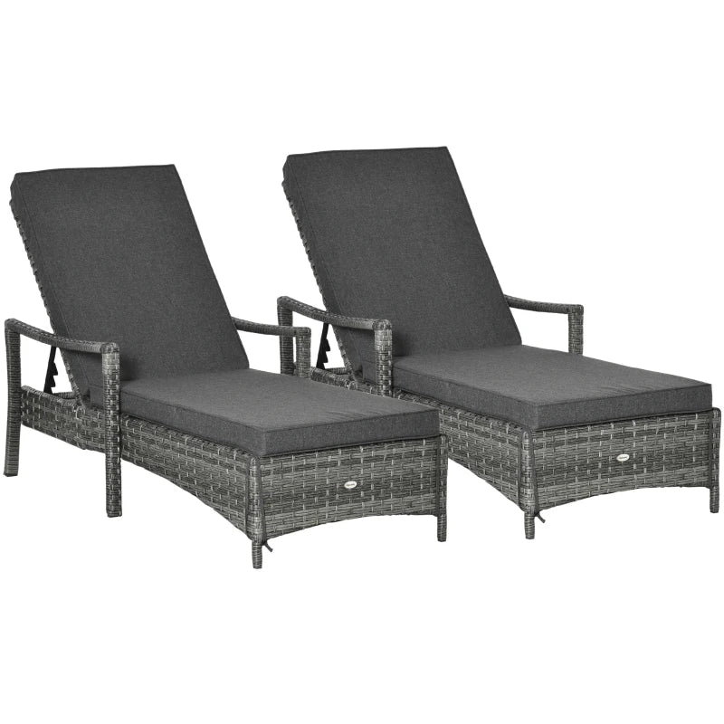 Grey Rattan Sun Loungers Set of 2 with Cushion