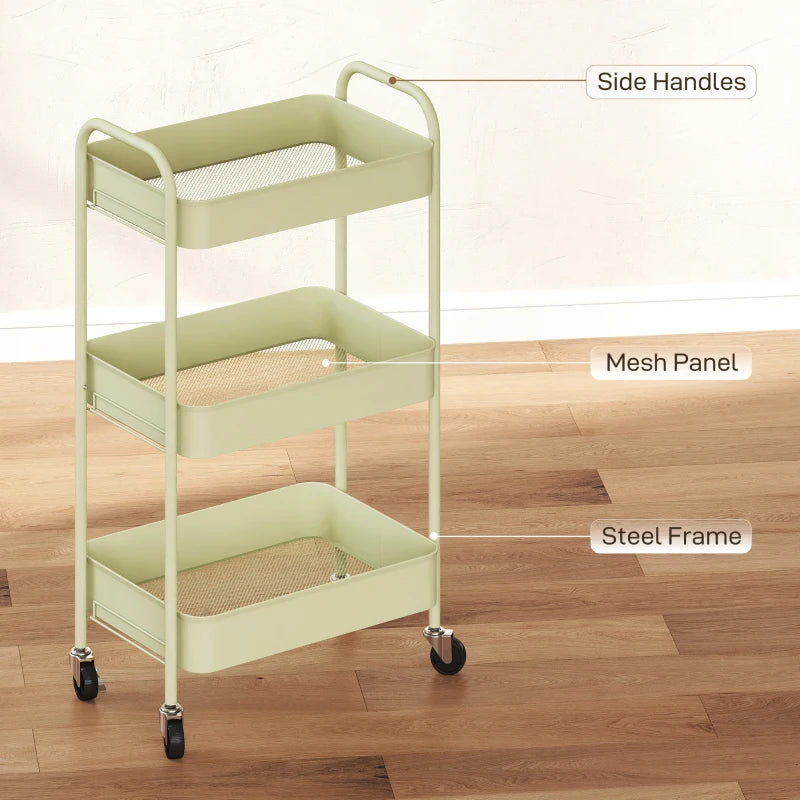 Three-Tier Green Steel Storage Trolley - Versatile Organizer Cart for Home, Office, Kitchen & Garage