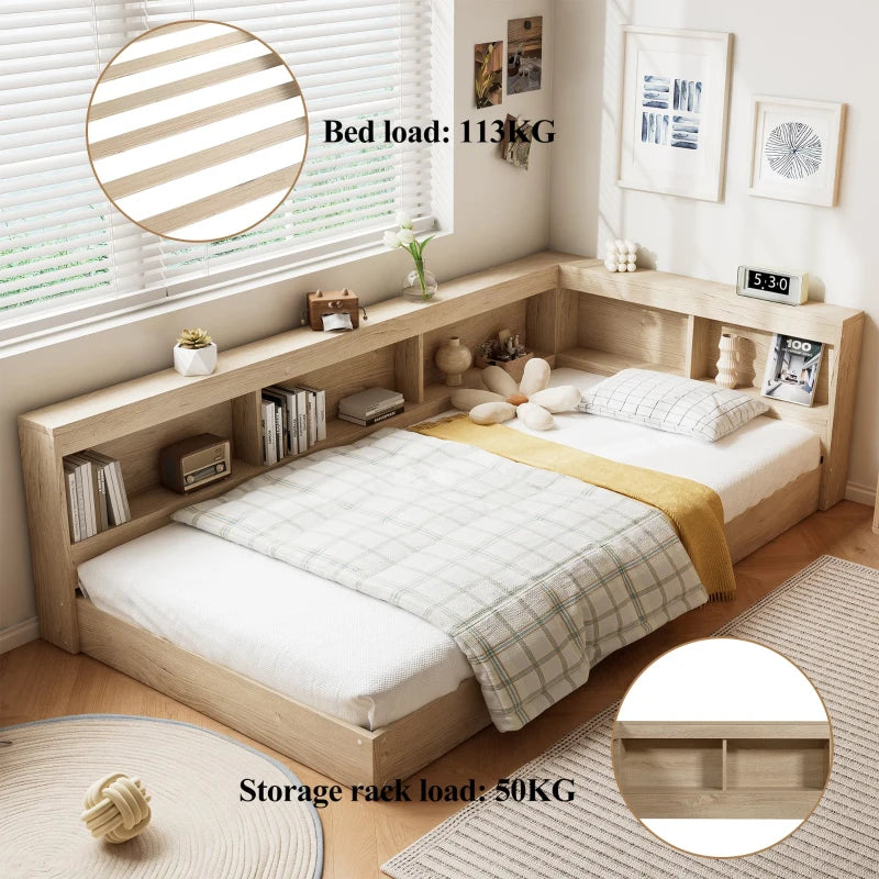 3FT Single Bed Frame with Storage Durable MDF Plywood Wooden Design for Adults Teens White Oak