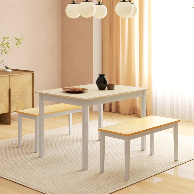 Farmhouse Dining Table and Bench Set - Wooden Frame Kitchen Furniture for Living Room, Natural & White Finish