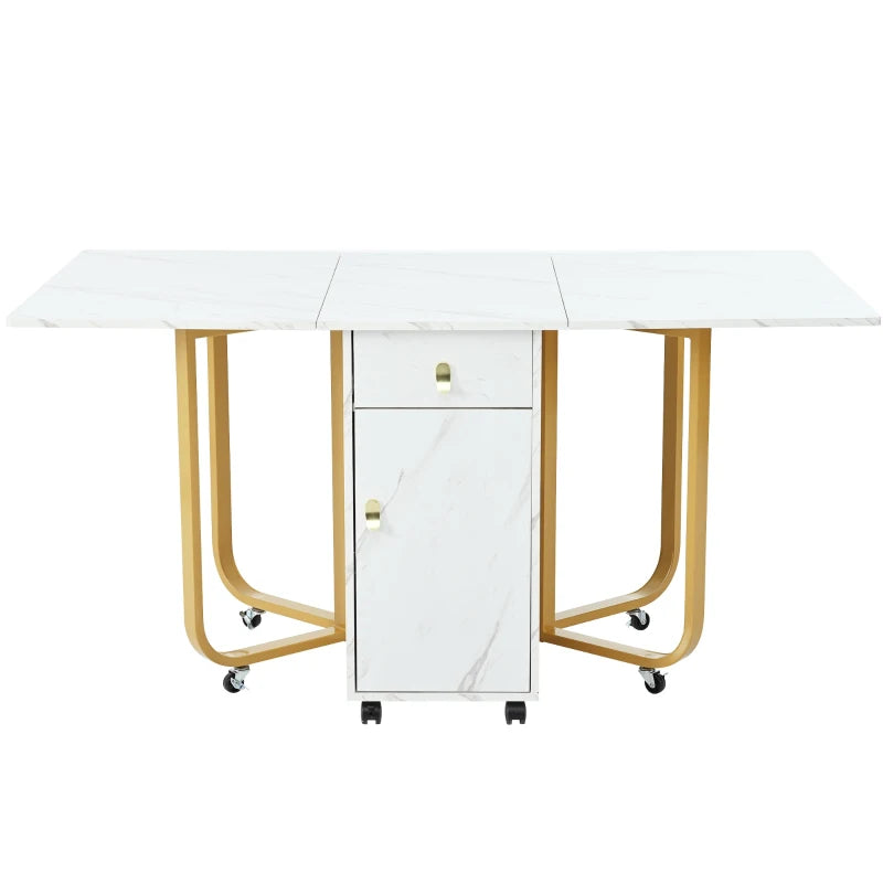 Folding Extendable Dining Table with Cupboard & 2 Drawers - Space-Saving Utility Table on Castors, Adjustable Legs, White/Gold