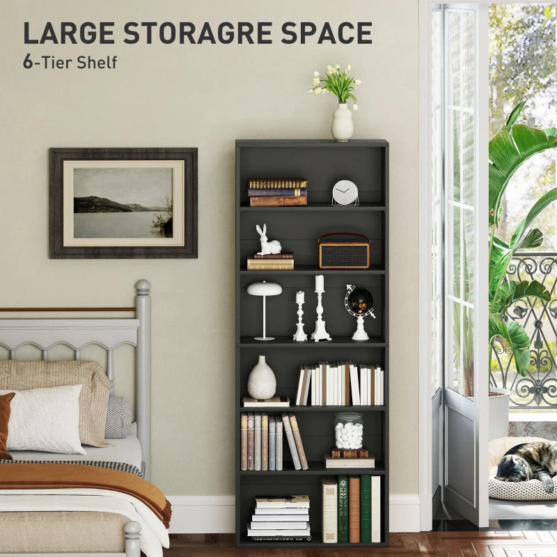 Stylish Black Six Shelf Bookcase - Modern Storage Solution for Home or Office, Perfect for Books and Decor