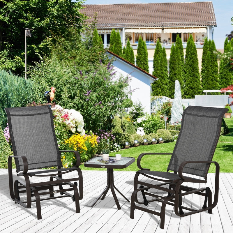 Brown 3-Piece Metal Frame Gliding Chair Set with Glass Top Coffee Table