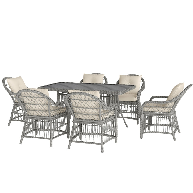 6 Seater Rattan Dining Set with Cushions, Aluminium Frame, Wicker Patio Furniture, Grey