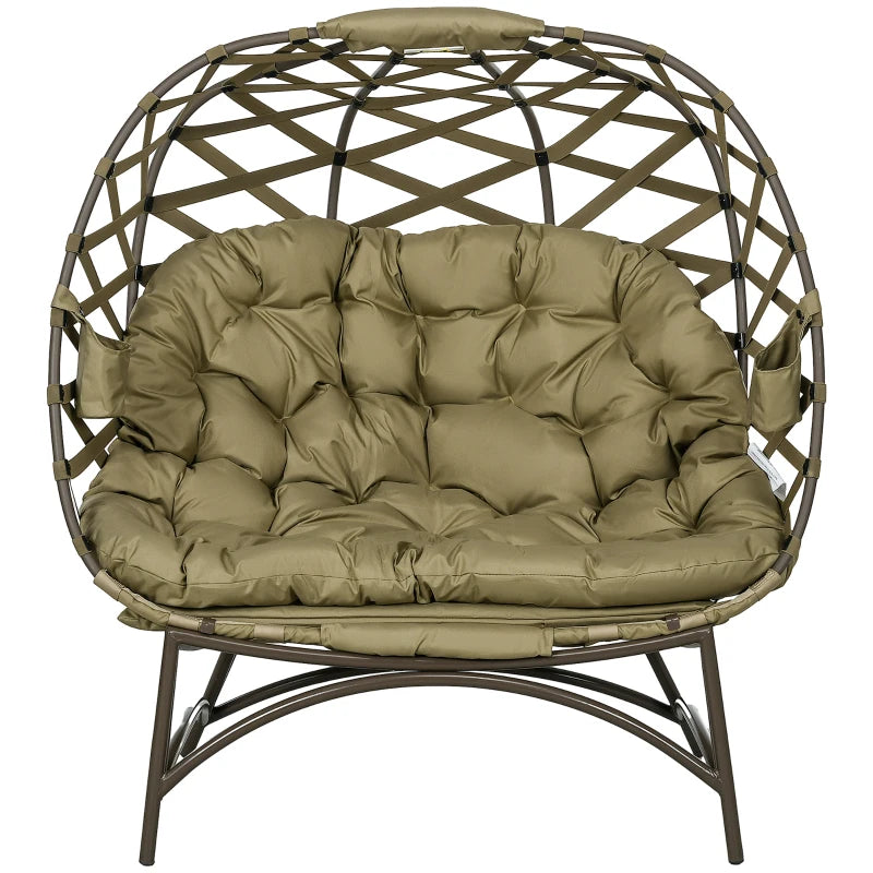 Khaki Folding 2 Seater Outdoor Egg Chair with Cushion and Cup Holders