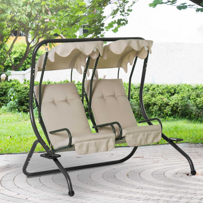Beige Garden Swing Chair Set with Canopy and Cushions