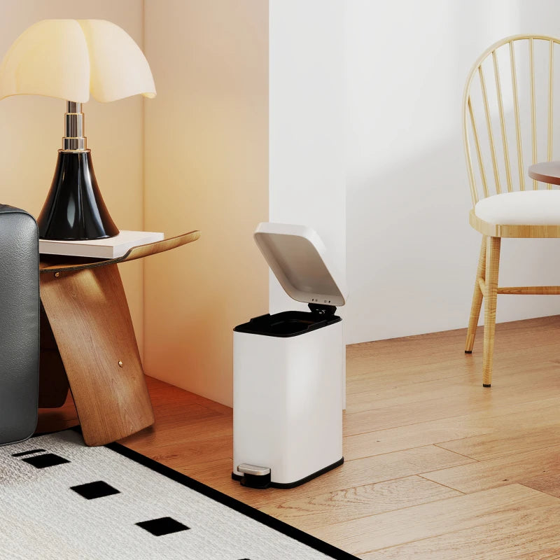 5L Rectangular Compact Steel Trash Can with Removable Bucket & Quiet-Close Lid - Ideal for Home, Office, Bathroom, Living Room - Clean White