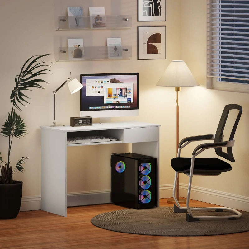 100cm Compact Computer Desk with Keyboard Tray & Drawer - Stylish Home Office Desk for Bedroom Study, White Finish