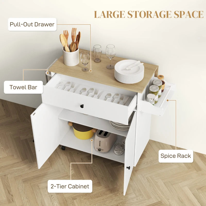 Rolling Kitchen Island with Drop Leaf - White Kitchen Storage Cart with Drawer, Spice Rack & Towel Rack