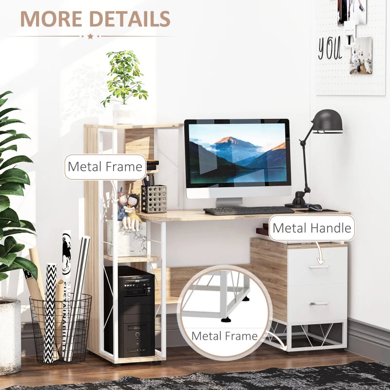 Oak Computer Desk with Drawers & Bookshelf - Stylish Writing Desk for Home Office & Study Workstation with Storage Shelves