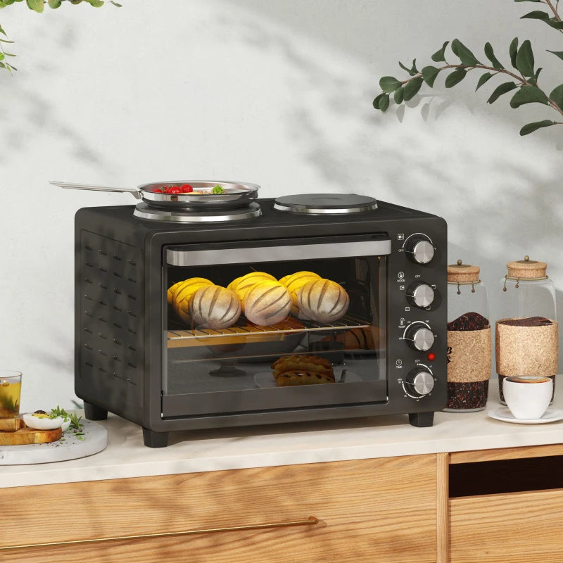 28L Electric Mini Oven with 2 Hot Plates - Countertop Toaster Oven for Baking, Grilling & Roasting - 2600W, Black