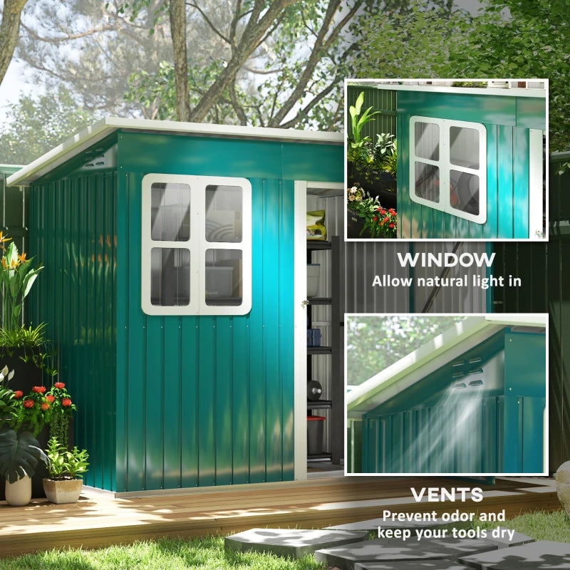 7ft x 4ft Green Galvanised Steel Garden Shed with Lock and Gloves