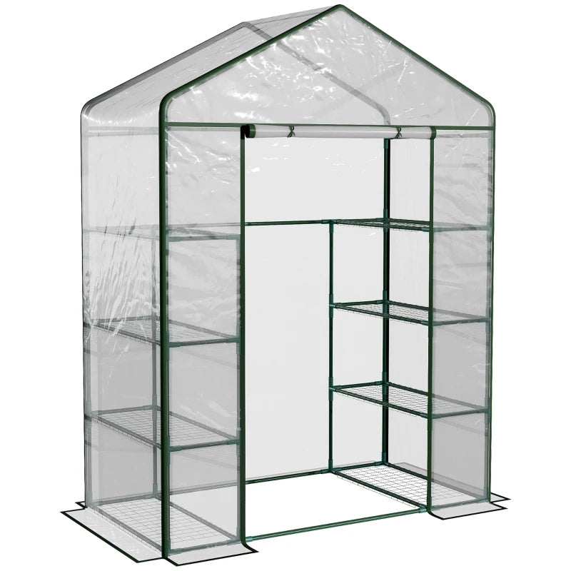 4-Tier Green Walk-in Greenhouse with Roll-up Door, Steel Frame, 143x73x195cm
