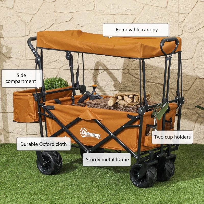 Folding Trolley Cart Storage Wagon - Orange 4-Wheel Beach Trailer with Canopy for Shopping and Camping