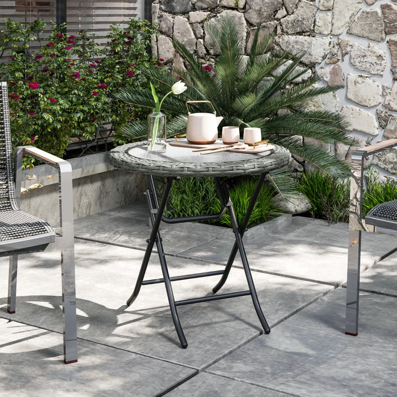 Folding Round Tempered Glass Garden Table - 60cm, Grey Rattan Edging