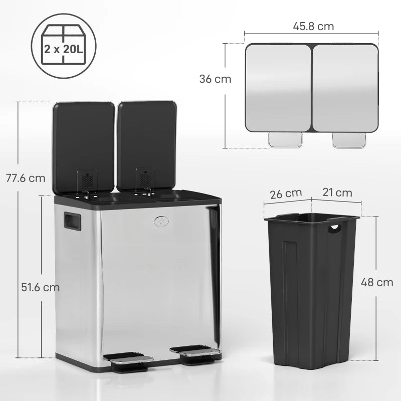 40L Dual Compartment Stainless Steel Trash Bin with Deodoriser Holders - Sleek Silver Tone for Kitchen & Office