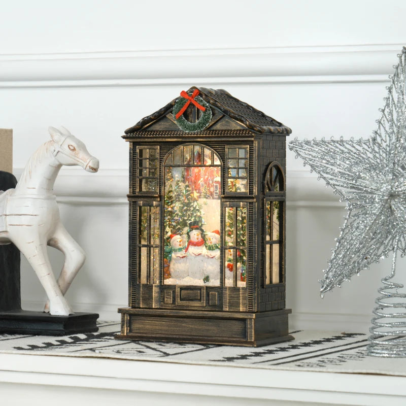 Bronze Tone Christmas Snow Globe Lantern with Lights - Musical Glitter Swirling Decoration, Battery Operated Holiday Gift