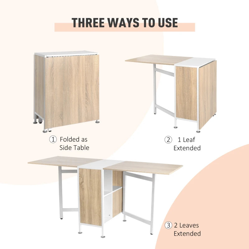 Foldable Drop Leaf Dining Table with Storage Shelves - Compact Oak & White Workstation for Small Spaces