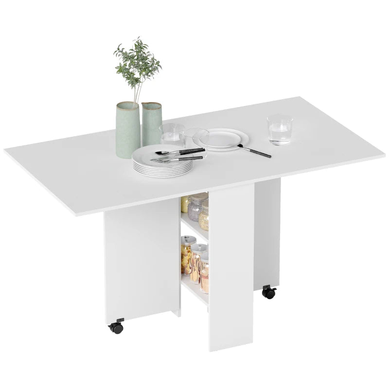 Folding Drop Leaf Dining Table with 2-Tier Shelves & Rolling Casters - Space-Saving Kitchen Table in White