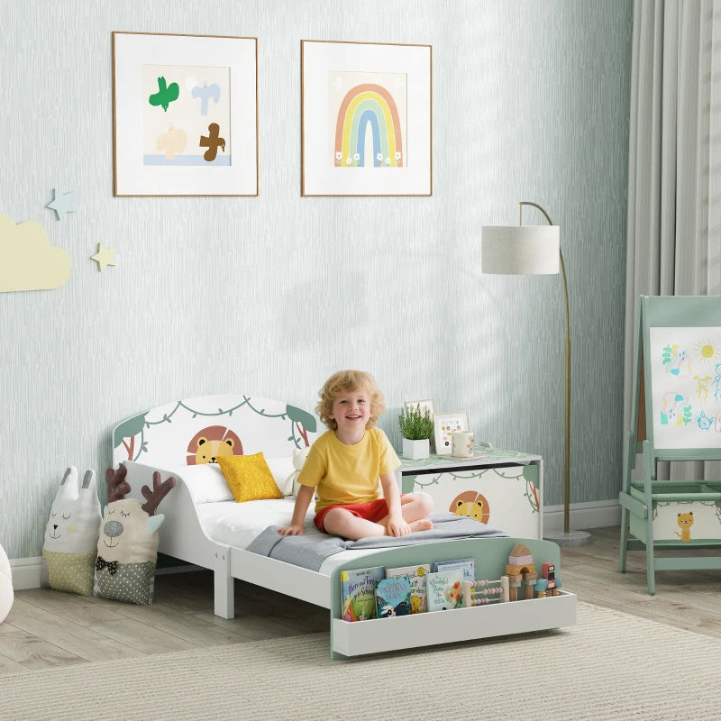 Lion Design Toddler Bed with Storage and Guardrails for Ages 3-8 Fits 140x70cm Mattress Green