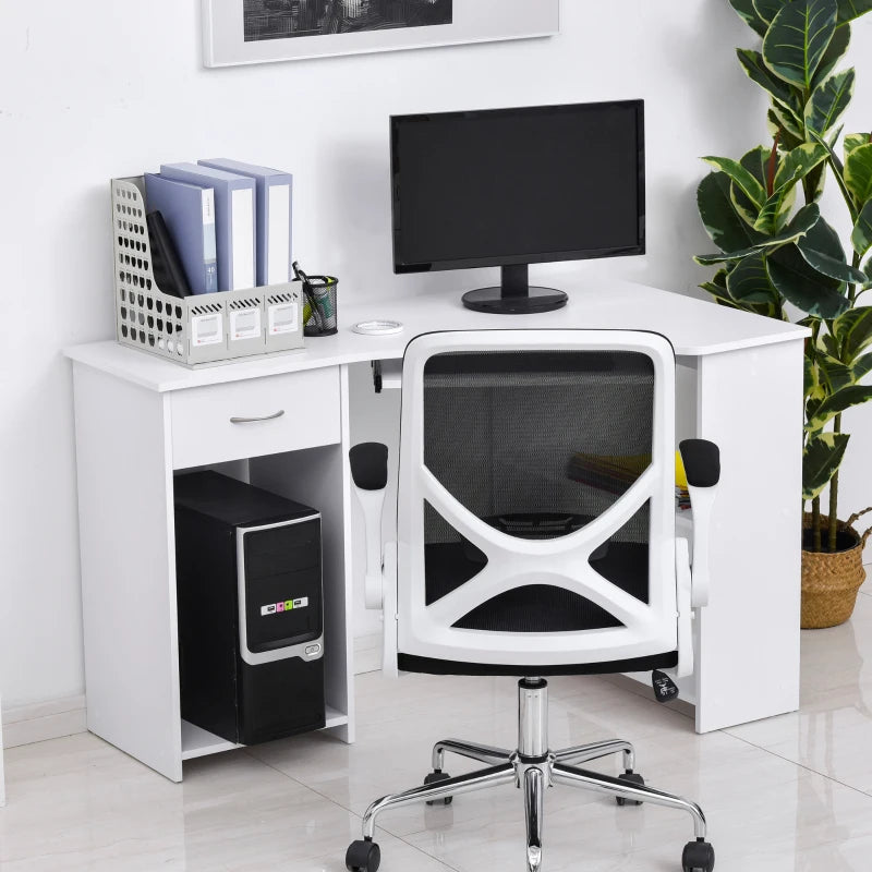 L-Shaped Corner Computer Desk with 2 Shelves, Keyboard Tray, Drawer & CPU Stand - White Home Office Furniture