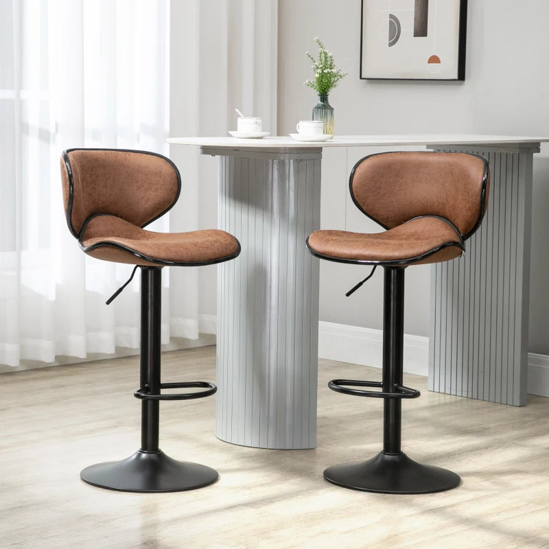 Adjustable Height Bar Stool Set of 2 - Brown Microfiber Swivel Armless Chairs for Kitchen & Dining