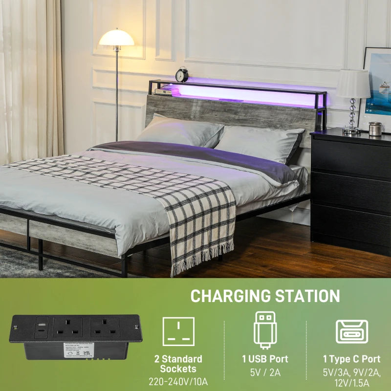 King Steel Bed Frame with LED Lights & Headboard Shelf - Modern Grey Design for Stylish Bedrooms