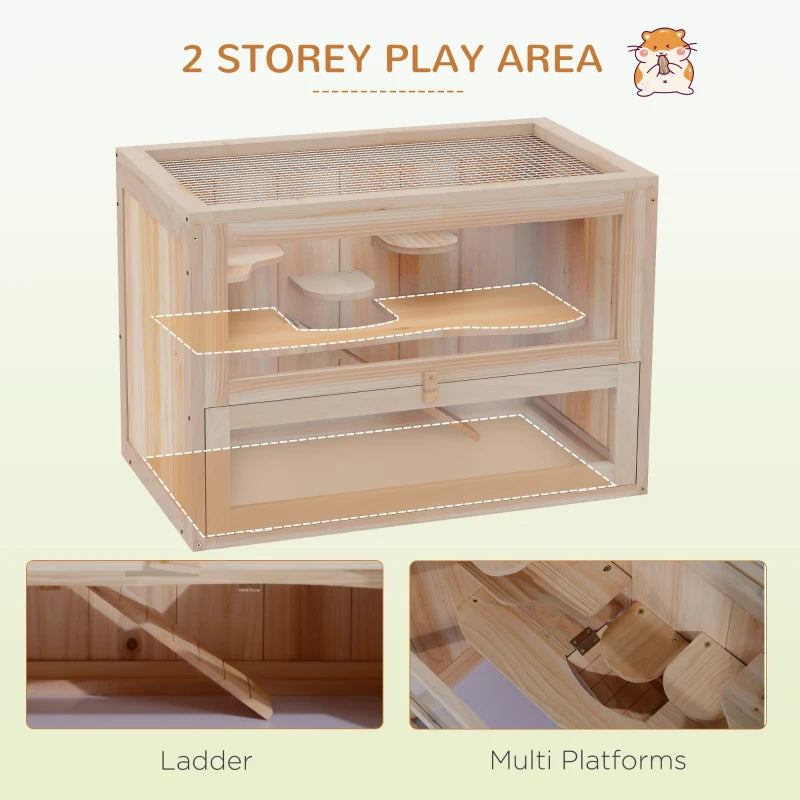 Natural Wooden Hamster Cage for Mice & Small Rodents - 60x35x42cm Exercise Play House Hutch