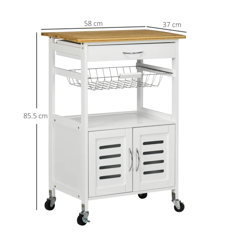 Rolling Kitchen Island Trolley Cart with Bamboo Top, Storage Cabinet, Drawer & Wire Basket - Mobile Utility Cart on Wheels