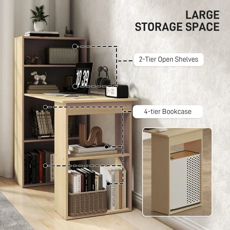 120cm Wooden Computer Desk with 6-Tier Bookshelves - Home Office Laptop Table, Study Writing Workstation in Natural Wood