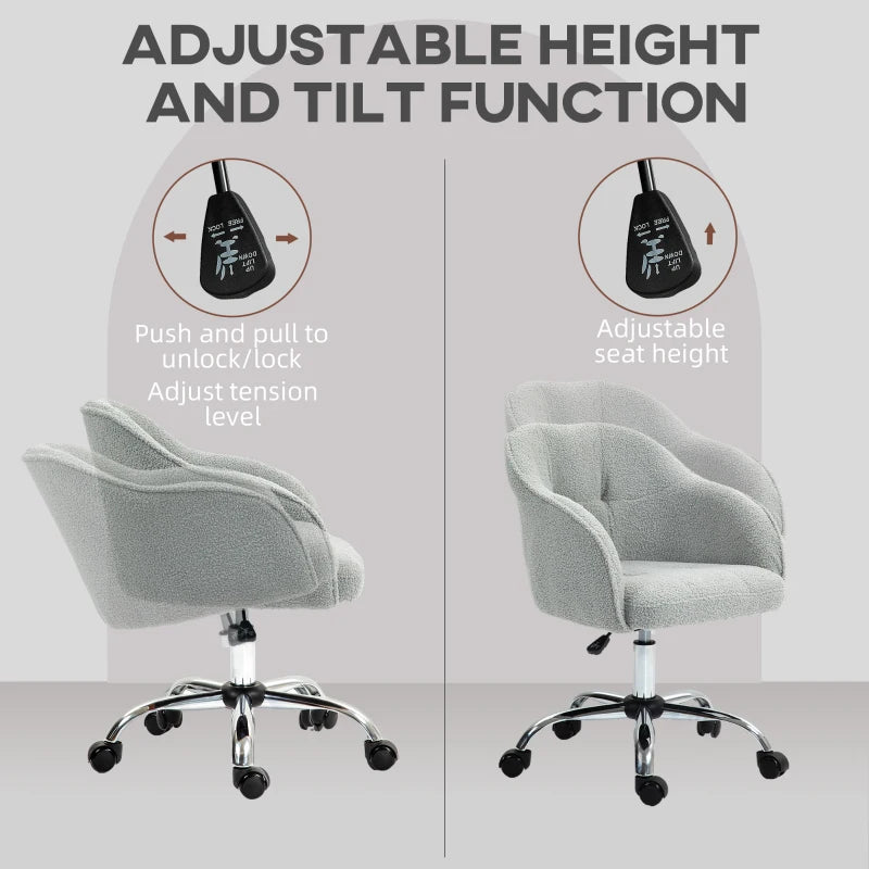 Comfortable Teddy Fleece Swivel Office Chair in Grey - Ergonomic Design for Home and Office Use