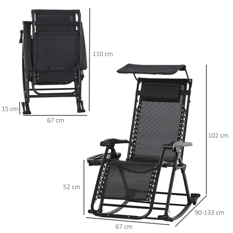 Black Folding Rocking Sun Lounger with Headrest & Side Holder