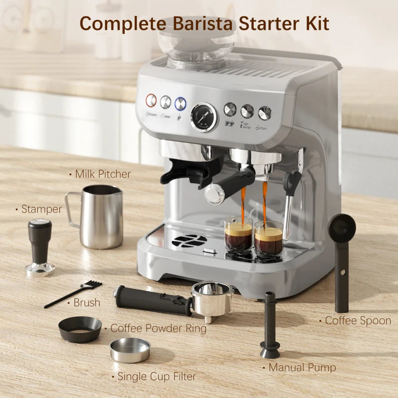 15 Bar Silver Coffee Machine with Adjustable Grind, Steamer & Accessories - Perfect for Espresso Lovers