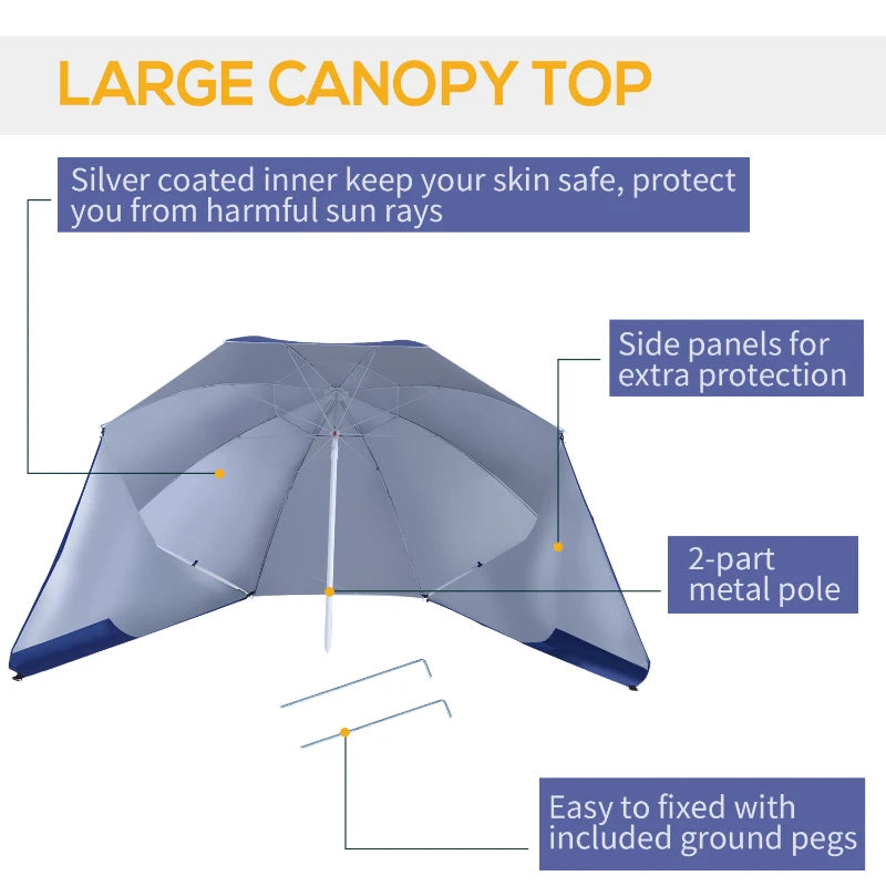 Blue 2m UV Protection Beach Umbrella with Side Panel