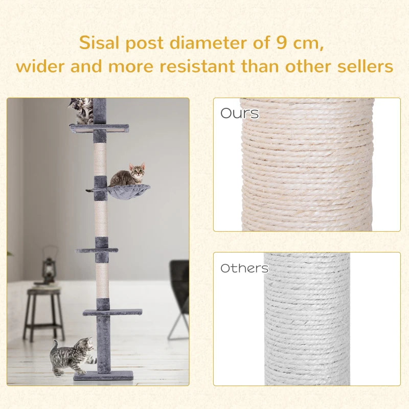 Adjustable 5-Tier Cat Tree 230-260cm - Floor to Ceiling Cat Tower with Scratching Post, Hammock & Perches for Indoor Kittens - Grey