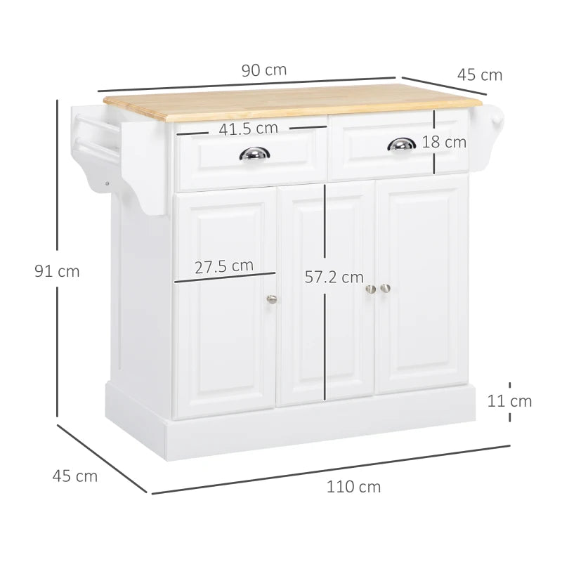 Rolling Kitchen Island Cart with Storage - Rubber Wood Top, Towel Rack & Drawer - White Serving Cart for Home