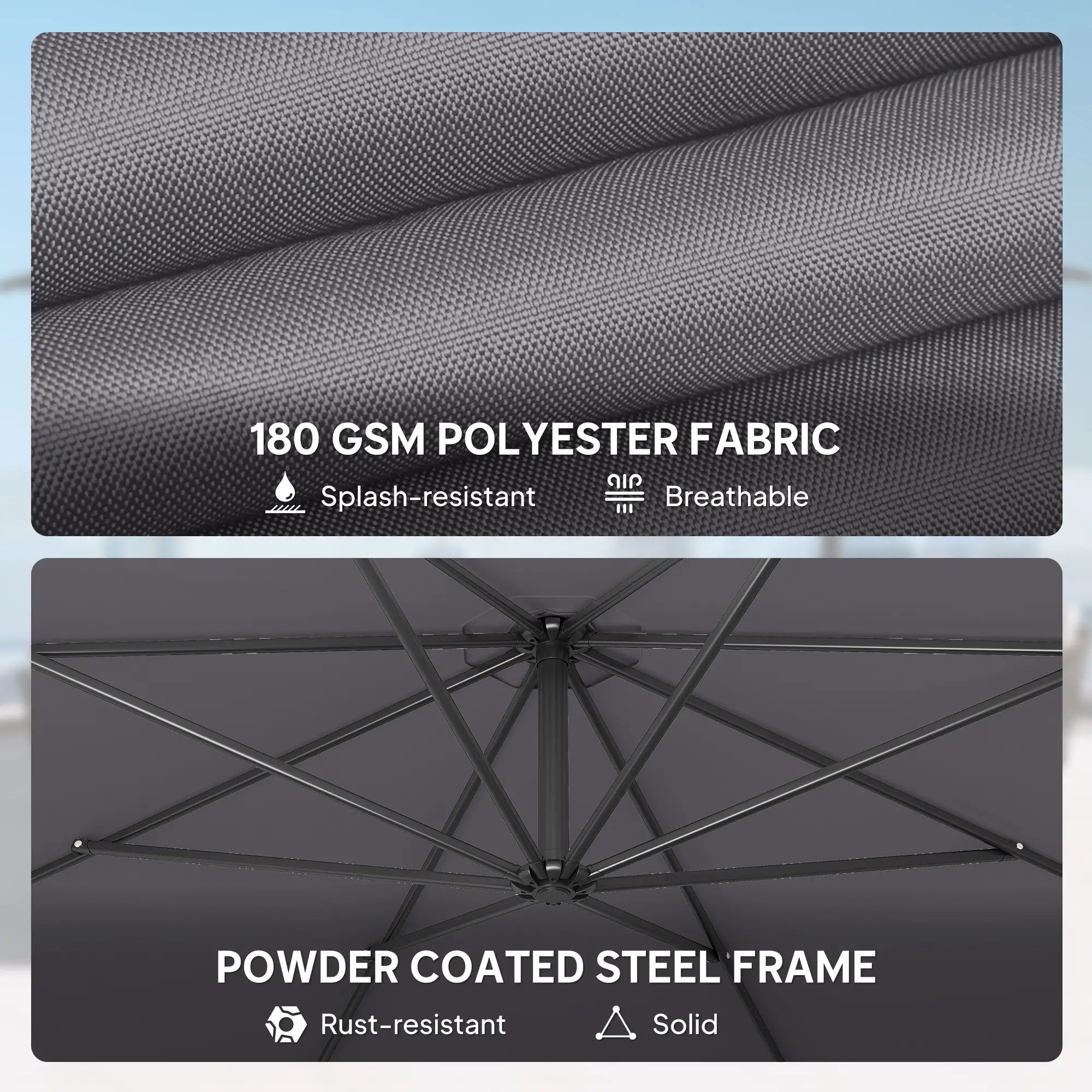 3m Overhang Cantilever Garden Parasol with Steel Frame, 8-Rib Support & Cross Base – Easy Crank Shade Umbrella (Grey)