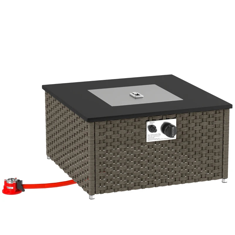 Rattan Gas Fire Pit Table - 13KW Smokeless Propane Heater, Square Outdoor Coffee Table with Lid, 58x58x33cm, Grey