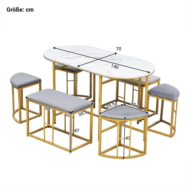 Modern Gold Dining Table Set with 4 Small & 2 Large Stools, Steel Frame, 140x70x76 cm, 120 kg Capacity