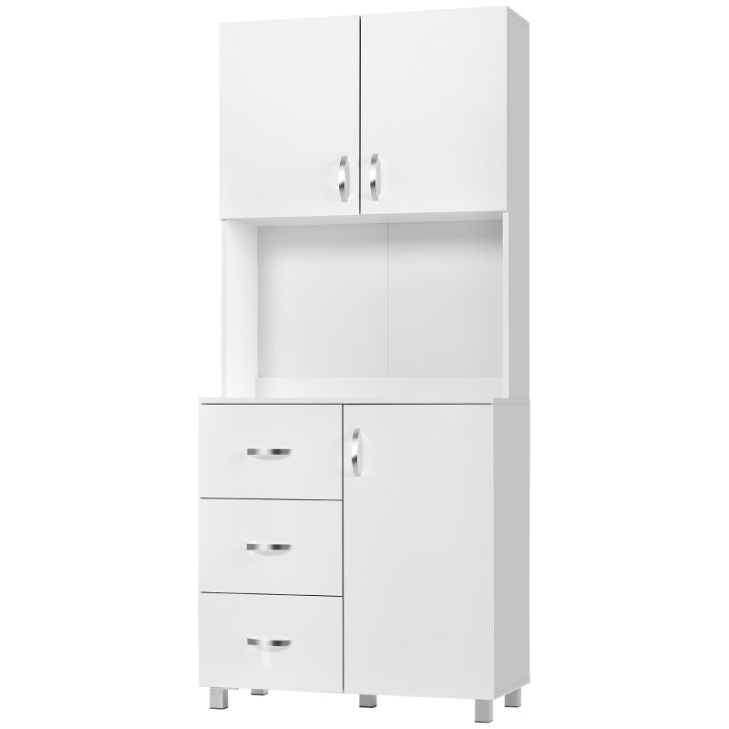 Free Standing Kitchen Cupboard - White Storage Cabinet with Doors, Shelves, 3 Drawers & Adjustable Height - Versatile Kitchen Organizer